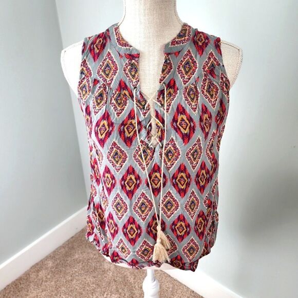 Xhilaration Sleeveless Aztec Boho V Tie Neck Top Size Small - Picture 1 of 6